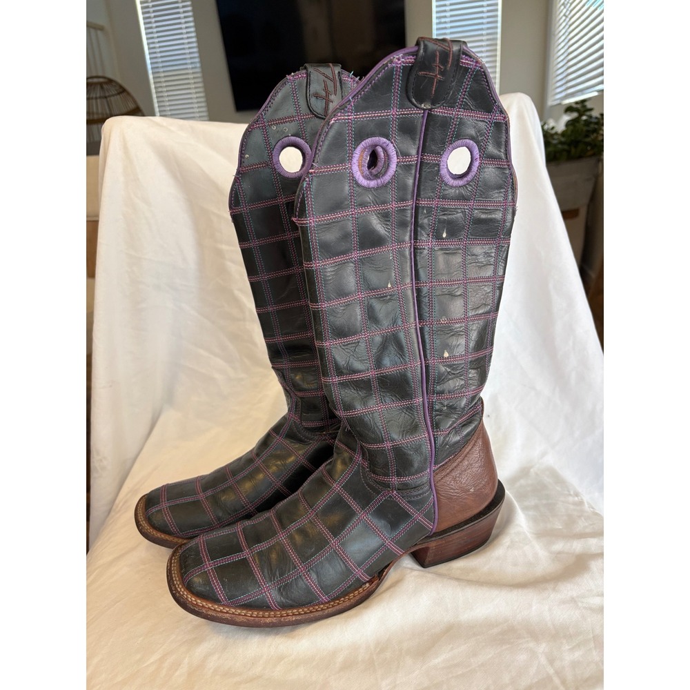 Tin Haul Womens Leather Quilted Grid Stitch Western Cowgirl Boots Square Toe